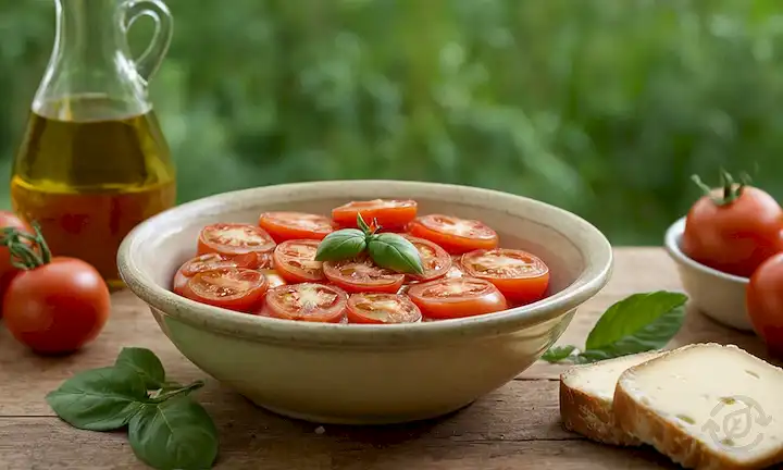 Un cuenco lleno de jugoso Tomate Nippo, rodeado de exuberantes hojas verdes y tomates rojos vibrantes, con una rodaja de queso artesanal y una gota de aceite de oliva dorado en la parte superior, todo colocado sobre un cálido fondo rústico de madera, con algunos tonos terrenales y texturas naturales en primer plano