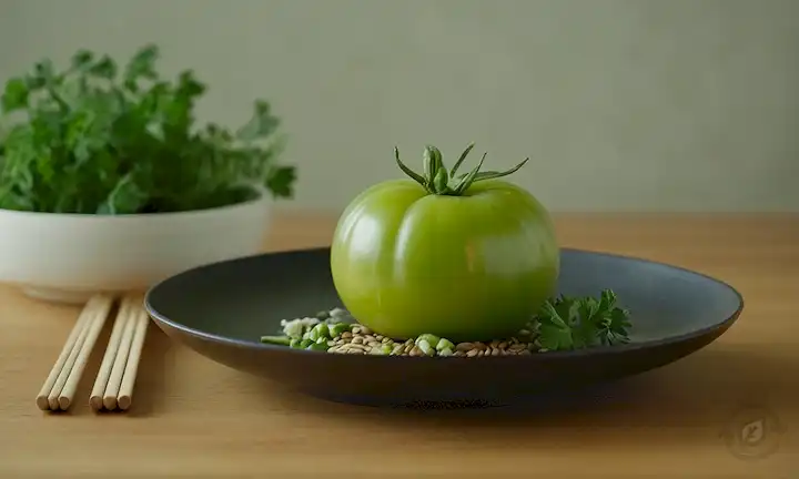 Un exuberante tomate verde, confeccionado con palillos japoneses, cerámica delicada y hierbas frescas, fondo minimalista con sutiles colores a base de umami, insinuación de vapor que surge de la placa