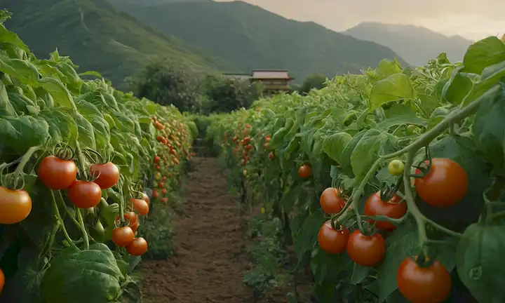 3D Tomates japoneses creciendo en una exuberante vid verde, rodeados de flores comestibles, con un toque de montañas malvadas en el fondo, con una sutil paleta de color inspirado en umami de tonos ricos de tierra y luces doradas cálidas