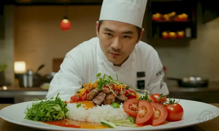Un plato de platos japoneses surtidos con tomates frescos, salsas saladas y varios adornos, con un chef estrella en el fondo preparando un plato único basado en umami