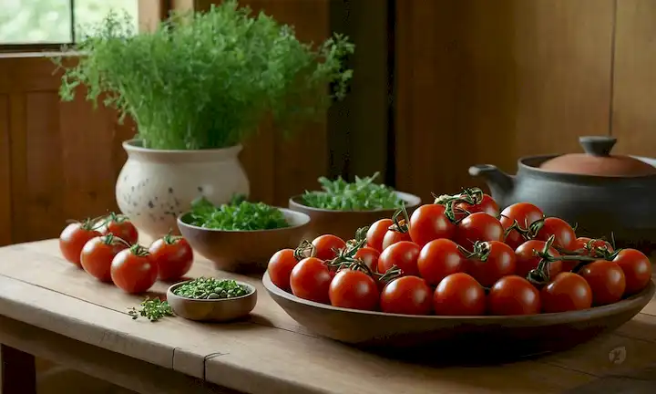 Tomates rojos vibrantes, ambientación inspirada en japonés, iluminación cálida, mantelería de madera rústica, delicados tazones de cerámica llenos de rebanadas de tomate frescas, dispuestas artísticamente y adornadas con hierbas verdes, vapor que suben del plato, fondo de enfoque suave con bordes borrosos
