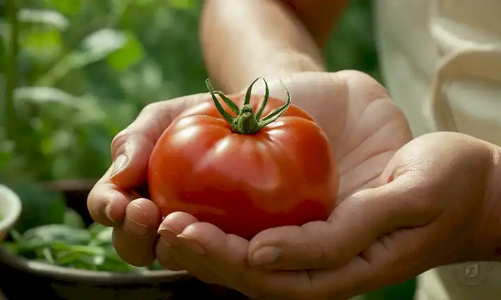 Un jugoso tomate rojo con raíces blancas y suelo, los cocineros lo sostienen suavemente, rodeado de hojas verdes, la cálida luz del sol filtrando a través, un toque de mesa de estilo asiático en el fondo, tonos terrenales