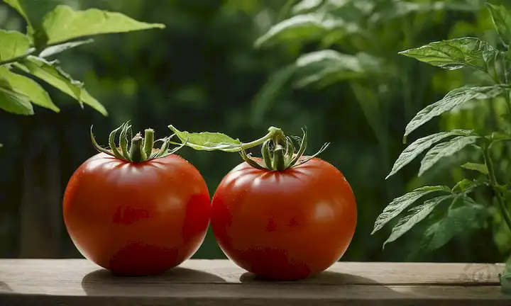 un tomate rojo vibrante con motivos inspirados en japonés, rodeado de vegetación exuberante, con luz sutil y sombras, enmarcado en un fondo cálido de madera o piedra