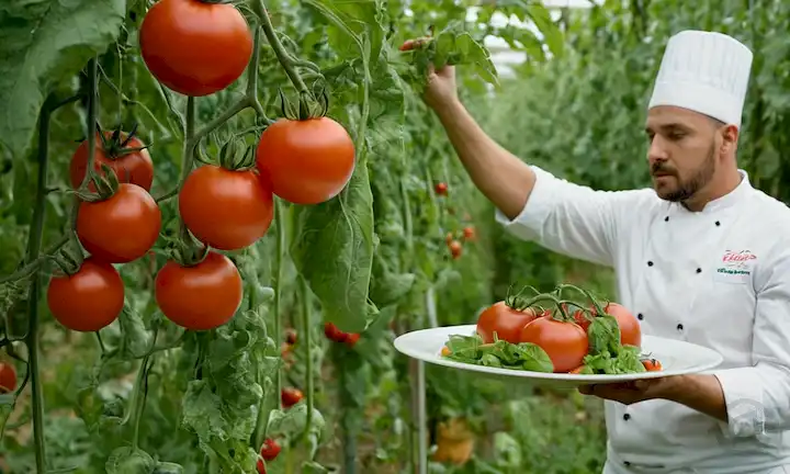 Una escena de granja con tomates maduros colgando de vides, agricultores inspeccionando cultivos, y una variedad de verdes frondosos que crecen al lado; una toma de un solo tomate de nippo con su forma y color únicos; un chef con un plato de platos frescos con tomate en un entorno de cocina sostenible