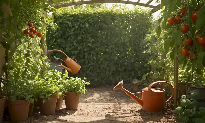 Plantas de tomate bajo un arbor sombreado, luz solar caliente filtrando a través de hojas, suelo con fruta de tomate dispersa, manguera de jardín y riego puede en el fondo, brisa suave frotando plantas follaje, exuberante vegetación y vibrante