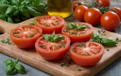 tomates maduros en una tabla de corte rústica de madera