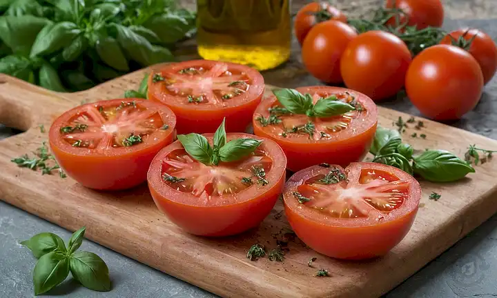 tomates maduros en una tabla de corte rústica de madera