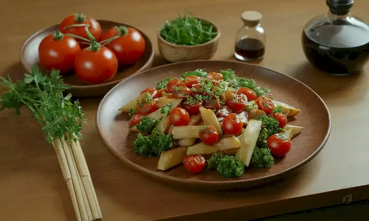 Tomates rojos vibrantes, utensilios de cocina de inspiración japonesa, wok, tabla de corte de madera, hierbas frescas, botella de salsa de soja, brotes de bambú al vapor, platos de estilo asiático, palillos, adornos delicados, verduras suculentas, especias aromáticas