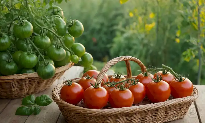 Luz dorada sobre hojas de tomate maduras, tomates rojos jugosos sobre mesa de madera, canasta de mimbre en primer plano, fibras naturales y alrededores de vegetación, ambiente rústico