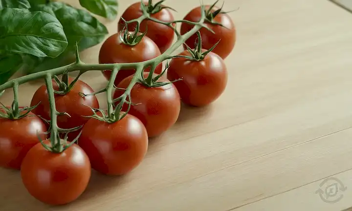 tomates maduros con hojas verdes, manos de los chefs que sostienen un plato<center><img data-lazyloaded=