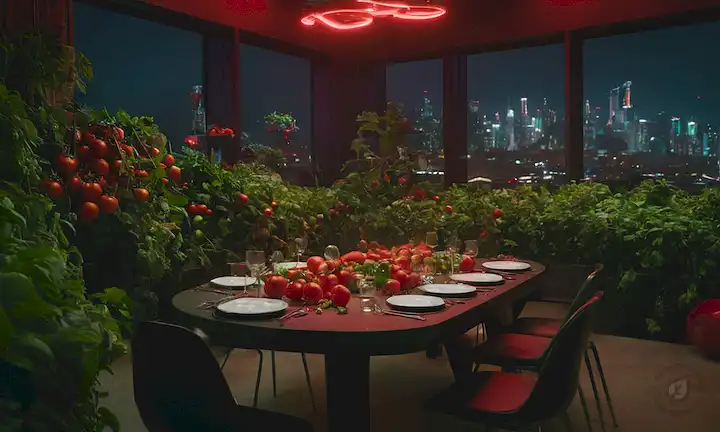 Tomates 3D, rojos y verdes, en varios tamaños y formas, suspendidos en medio de un futurista paisaje urbano con luces de neón, humo y vapor, con utensilios, placas y vasos dispersos, rodeados de exuberante vegetación y flores comestibles