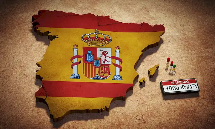 Mapa de España con estadísticas y filtros que rodean una señal de advertencia internacional de tráfico de órganos.