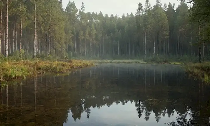 Paisaje 3D con bosques defectuosos, lago tranquilo y árboles altos, con una zona de turba restaurada con vegetación única, ambiente sereno