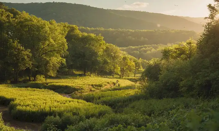 Un bosque sereno con árboles altos, vegetación y una corriente mezquina; Un rebaño de aves volando sobre la cabeza, tal vez una mariposa monarca; Un grupo de humanos comprometidos en actividades sostenibles, como plantar o cosechar; paneles solares en tejados o una granja de viento en la distancia; tonos terrestres y luz natural, evocando un sentido de armonía con la naturaleza