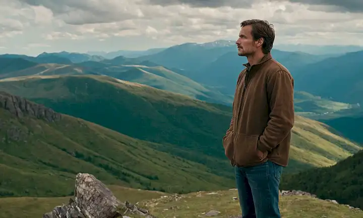 Figura desbordada y robusta con vistas a vastos paisajes