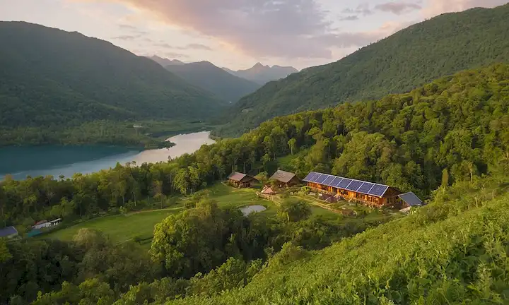 Pueblo montañoso con paneles solares, bosque exuberante con excursionistas a la distancia, bote en lago sereno al atardecer, eco-lodge rodeado de vida silvestre, parque natural sostenible, gente disfrutando de senderos naturales