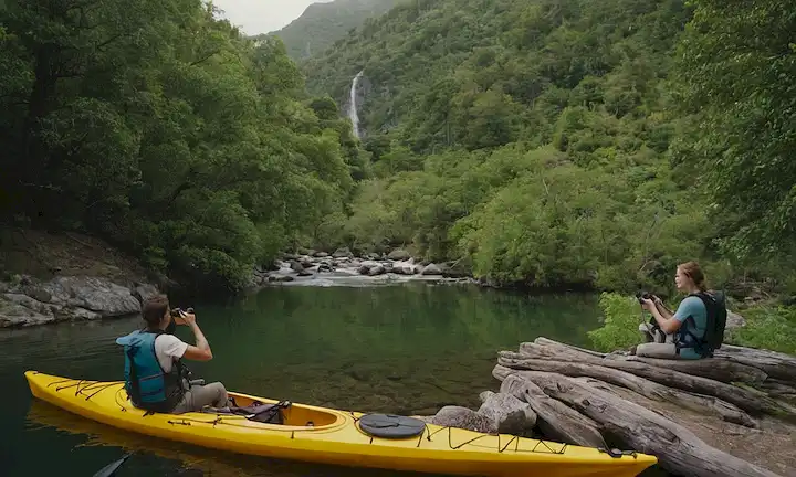3 personas sonriendo, hugging árbol, kayaking en aguas tranquilas, sosteniendo binoculares, caminando por el sendero de montaña, relajante por fogatas, interactuando con guía local, rodeado de exuberante vegetación, y animales