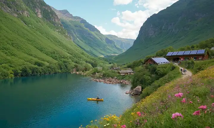 Cabañas junto a la montaña con paneles solares, exuberante vegetación, rutas de enrollamiento, gente con ropa natural, kayaks en un lago tranquilo, mariposas en medio de flores vibrantes, turbinas eólicas generando energía, un paseo en tren escénico sobre vastos valles, y una cascada majestuosa rodeada de belleza natural