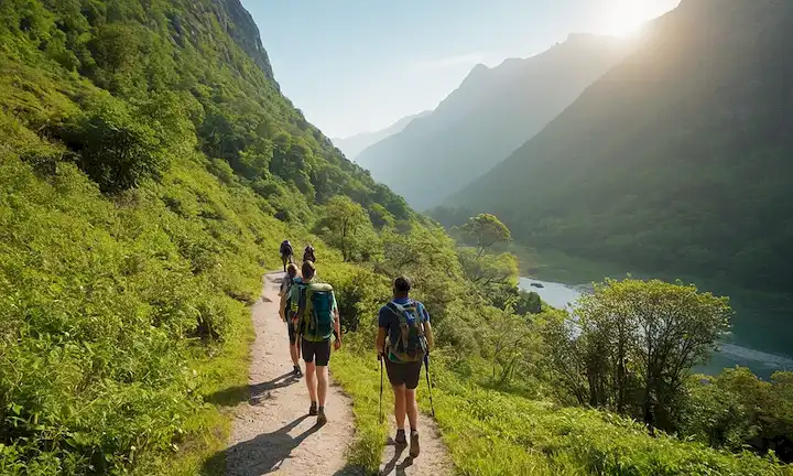 Un parque nacional sereno con vegetación exuberante, un lago tranquilo y montañas de mal gusto en el fondo; un grupo de excursionistas caminando a lo largo de un sendero de viento, llevando mochilas ecológicas; algunas criaturas de vida silvestre, como aves o ciervos, forrajeando pacíficamente alrededor de ellos, con el sol brillando hacia abajo