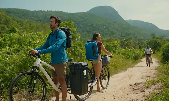 2 personas en una playa con paneles solares, verdor y cubos de reciclaje de residuos; 1 persona con una botella de agua reutilizable; modos de transporte ecológicos (cicleta eléctrica, tren); un grupo diverso de personas en un bosque sostenible; un hotel con fuentes de energía renovable; una comunidad que celebra el patrimonio cultural; 2 personas que caminan junto con un paisaje pintoresco