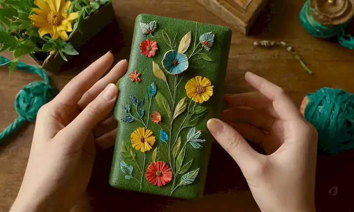 Manos creativas que sostienen artesanías elevadas, colores vibrantes, materiales reciclados transformados en objetos hermosos, ambiente ecológico, residuos reducidos al tesoro, diseños innovadores, ideas creativas de reutilización, obras de arte inspiradas en la naturaleza, conceptos de vida sostenible, ilustraciones imaginativas, representación artística de la responsabilidad ambiental