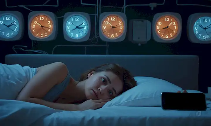 ilustración 3D de una persona acostada en la cama, rodeada de pantallas brillantes, con reloj despertador y teléfono cerca, mostrando ojos cansados, círculos oscuros bajo los ojos, y una burbuja de pensamiento llena de noches sin dormir y agotamiento de la mañana