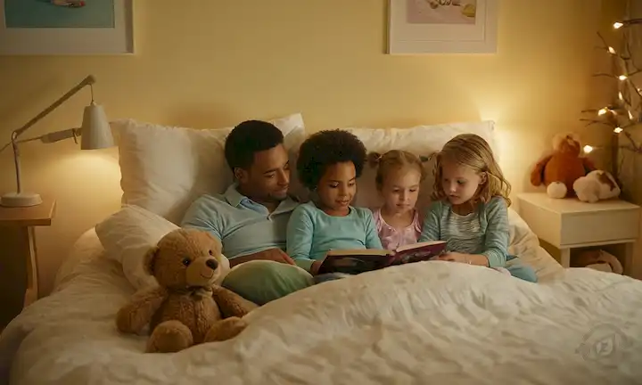 Una habitación cálida y acogedora con niños en la cama, rodeada de juguetes y libros suaves, mientras que un padre o tutor les está leyendo, usando una linterna para crear un sentido de intimidad, con un suave resplandor que emana del material de lectura, transmitiendo un sentido de unión y nutrición