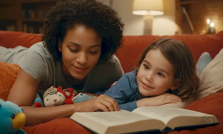 Un niño acostado en un sofá o cama, rodeado de libros, con un padre leyendo a ellos, o tal vez incluso divertirse juntos como jugar, abrazar o reír, en un ambiente acogedor y cálido con iluminación suave y algunos juguetes cercanos, y quizás algunos libros de cuentos favoritos esparcidos alrededor, transmitiendo una sensación de cercanía y calidez