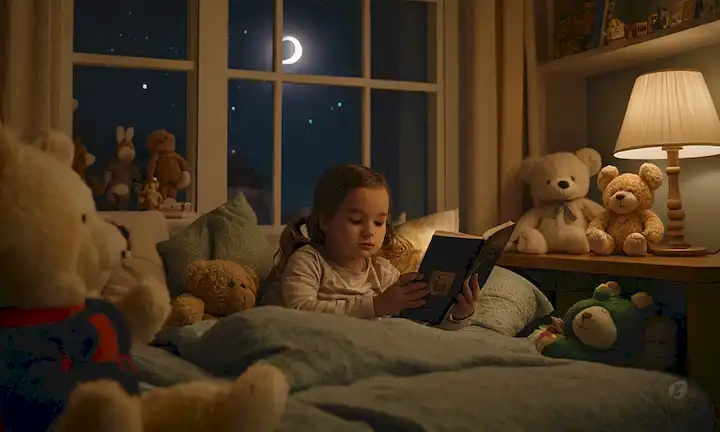 Una acogedora escena de dormitorio con un niño en la cama, rodeado de libros y animales rellenos, un padre leyendo en voz alta en el fondo, iluminación suave, un ambiente tranquilo, unos juguetes dispersos alrededor de la habitación, una estantería en la esquina, una luz de noche brillando suavemente, una ventana con luz de luna fluyendo en