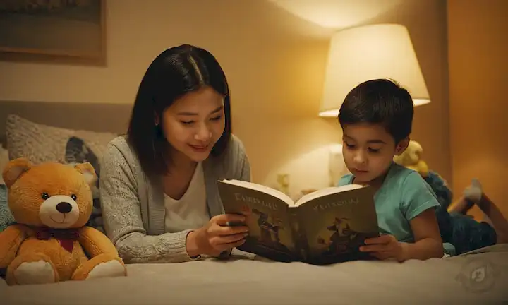 Niños leyendo a los padres en ambiente acogedor dormitorio, luz cálida, juguetes suaves, libros esparcidos alrededor, ambiente feliz