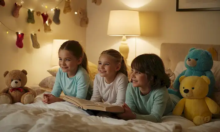 3 niños sentados en la cama, acurrucados, sonriendo, rodeados de almohadas, juguetes suaves, lámparas, libros esparcidos alrededor, suave brillo de luz nocturna, ambiente acogedor