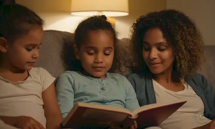 Niños sentados en vueltas, padres que leen en voz alta, acogedor entorno hogar, luz suave, colores cálidos, rutina de dormir, snuggles, tiempo de historia, momentos de unión, rostros felices, cabello tousled, libro favorito, zona de confort, toque suave