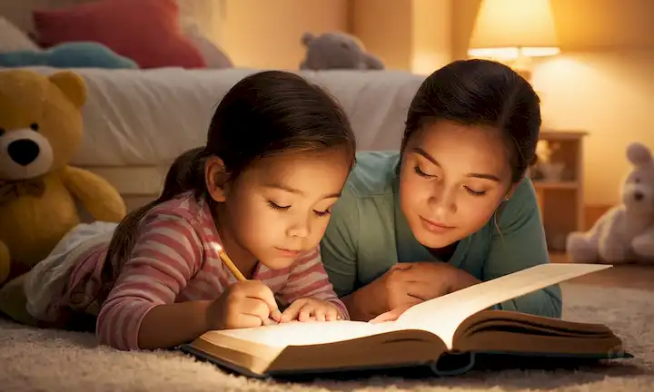 Niño rebosado con padres o tutores con libro abierto, iluminación suave, fondo acogedor, ilustración de queridos personajes de la infancia, colores cálidos, y un toque de rutina de dormir, por ejemplo, luz nocturna, animal relleno, o niño durmiente en el suelo