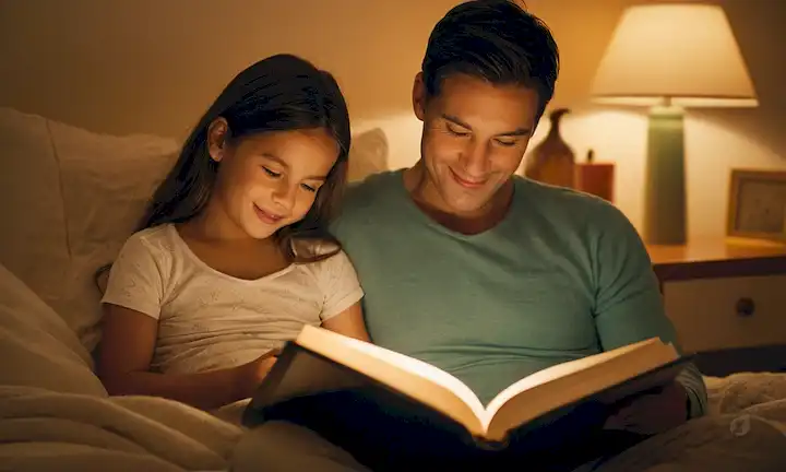 Un cálido y acogedor dormitorio con un niño sentado en sus padres regazo, un libro abierto entre ellos, mantas suaves y almohadas que los rodean, una luz nocturna o una lámpara que arroja un suave resplandor, madre o padre sonriendo y participando con la mirada de sus hijos, ilustraciones del cuaderno visible en el libro, ambiente tranquilo