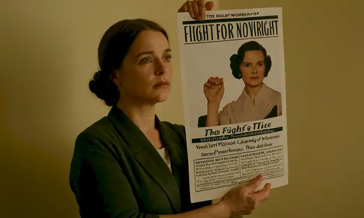 Mujer con el póster cinematográfico para Vera Drake y de pie delante de él, con sus manos apretando sus codos. Esto implica que está discutiendo o contemplando una cuestión relativa a los derechos del aborto. Título inglés: The Fight for Womens Right to Decree Over Her Own Body: The Valiant Women of Vera Drake.