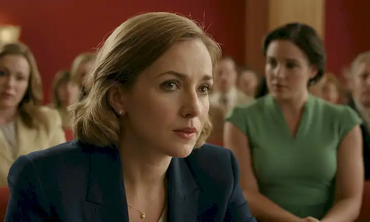 Mujer discutiendo el impacto del derecho de las mujeres a elegir en una sociedad con diferentes puntos de vista legales durante la era contemporánea, en un contexto de una casa de cine. (en inglés)
