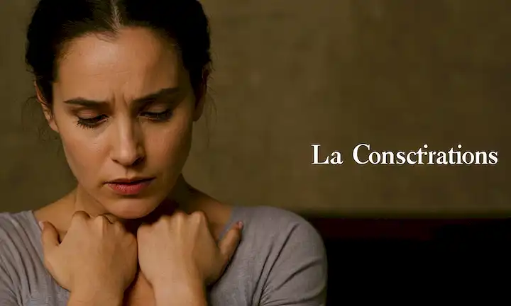 Mujer con cabeza doblada baja y las manos cruzadas sobre su pecho, profunda concentración o pensamiento. El título en bold font es La crítica a un sistema que condena a las mujeres (La crítica de un sistema que condena a las mujeres) de la película El secreto de Vera Drake.