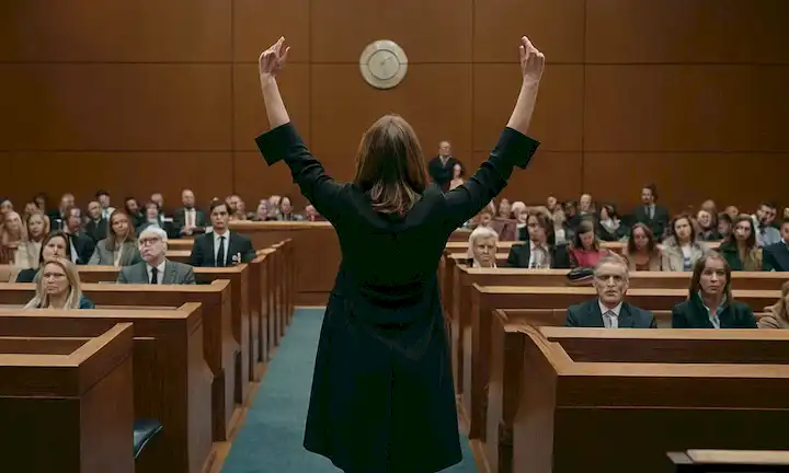 Una mujer desafiantemente contra una ley que prohíbe el aborto en un escenario dramático de la corte, como sugiere el título. La frase se dibuja con líneas audaces y barridas para captar movimiento y pasión.