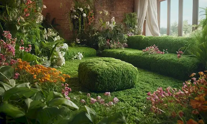 ilustración 3D de vegetación exuberante, tejidos entrelazados hechos de fibras naturales, flores florecientes, algunas semillas dispersas, y una representación abstracta de un ciclo de moda sostenible
