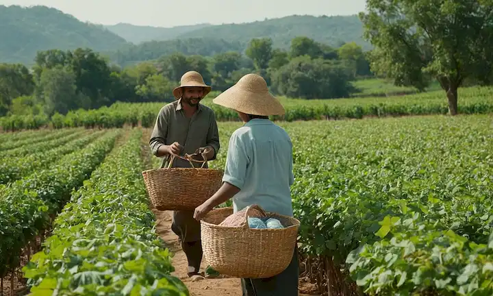 Campos de algodón orgánicos bajo el cielo soleado, árboles en el fondo, agricultores que trabajan con suave sonrisa, cestas y bolsas hechas de materiales sostenibles, hilos o hilos tejidos en armonía con la naturaleza, tintes naturales como flores, hojas y especias utilizadas para colorear telas, proceso de fabricación ecológico en un entorno de fábrica moderno