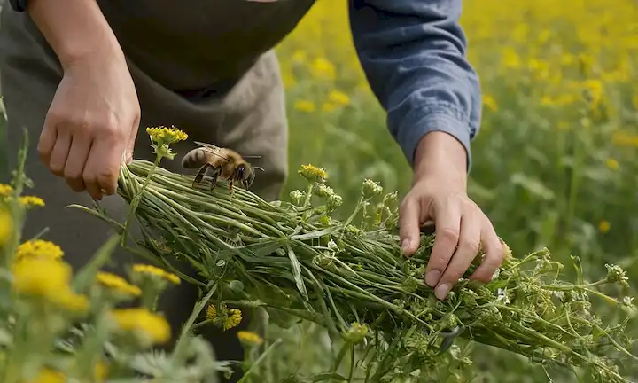 Tejidos orgánicos a mano de artesanos en entornos naturales, agricultores que tienden a cultivos libres de pesticidas y fertilizantes, abejas que recogen néctar de flores, un cierre de un tallo de planta con suelo y compost que la rodea, una persona que lleva una prenda hecha de tela orgánica