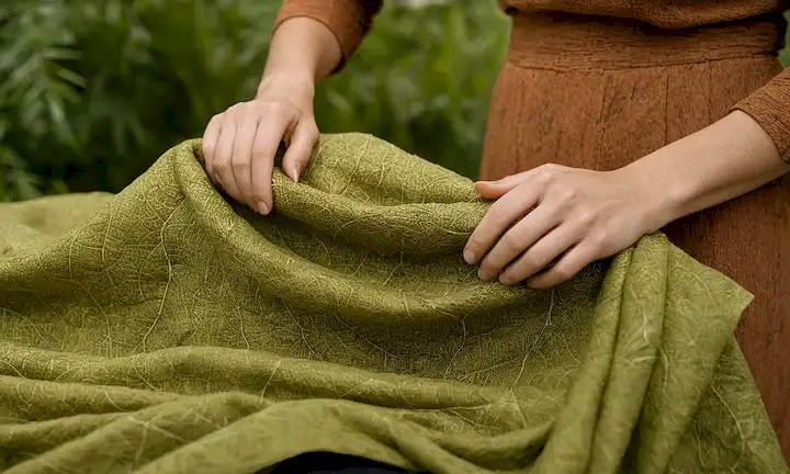 tela 100% algodón, fibras naturales, tonos terrenales, ilustraciones botánicas, hojas, flores, corteza de árboles, moda sostenible, telas ecológicas, agricultura orgánica, fondo verde, textiles tejidos a mano, artesanía artesanal, manos humanas que sostienen un pedazo de tela