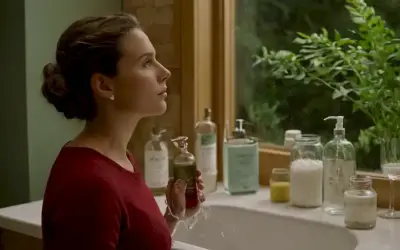 Ecologist discutiendo la alternativa ecológica a los productos de baño convencionales en un entorno de hogar sostenible