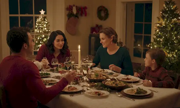 Miembros de la familia compartiendo una acogedora cena de vísperas de Navidad juntos. En este libro, los autores ofrecen consejos integrales para minimizar el estrés durante la temporada navideña.