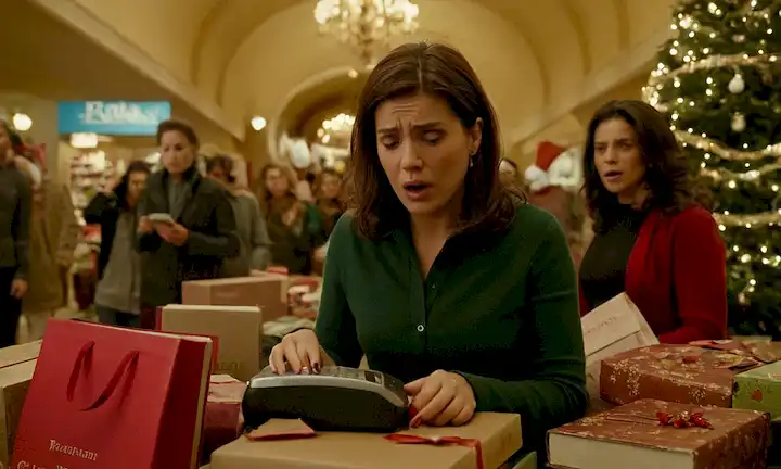 Mujer frenéticamente escribiendo y haciendo llamadas telefónicas mientras que otros se precipitan alrededor de ella en un entorno frenético de compras de vacaciones, mirando derrotado. El título de libros implica que es una guía para navegar las presiones sociales y evitar el estrés durante la temporada festiva, con referencias a volver a casa (volviendo a casa) implícitas a través de la guía definitiva.