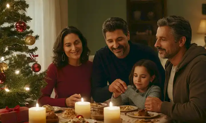 Familia disfrutando del tiempo juntos en casa durante la temporada de vacaciones, con texto en español e inglés. Gestiona tus expectativas: La clave para un Navidía tranquila de volver a casa durante las vacaciones: Una guía definitiva para evitar la fatiga y el estrés alejado.