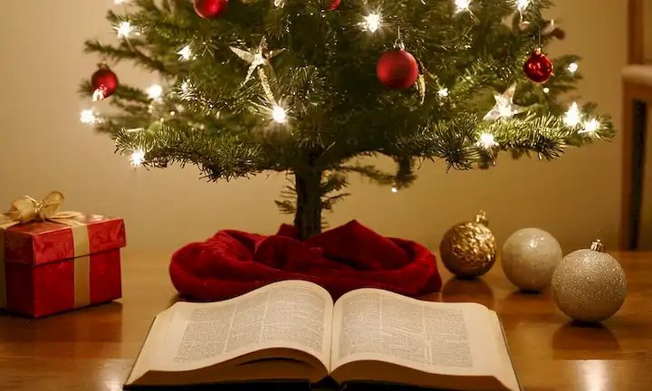 Árbol de Navidad con libro abierto y adornos de Navidad cerca. Título en letras pequeñas en la parte inferior - Visita guiada para reducir estrés y mejorar la convivencia pacífica para el yo, los seres queridos y otros durante la temporada de vacaciones. Este libro trata de aprender a calmarse durante las tensiones navideñas y mejores interacciones con otros.