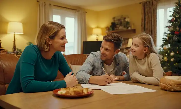Familia discutiendo planificación y preparativos para su viaje de vacaciones a casa, con un ambiente de vacaciones alegre en el fondo.