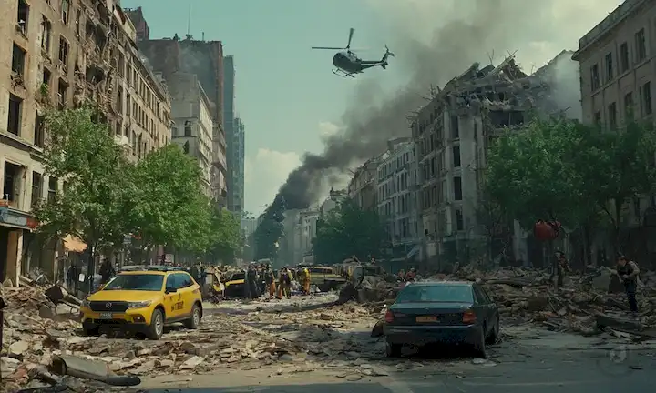 Paisaje urbano 3D con edificios desmoronados, árboles desarraigados, calles llenas de escombros, helicópteros de rescate en el cielo, gente corriendo por la seguridad, el caos y la destrucción alrededor