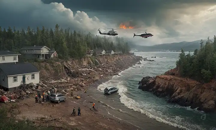 Olas que chocan en una costa desgastada, destruyen edificios en medio de un cielo tormentoso, personas que huyen con maletas y mascotas, equipos de rescate que llegan a helicópteros, barcos que luchan por navegar por mares ásperos, una infraestructura de ciudades que se desmoronan bajo la fuerza de un diluvio, una imagen antes y después dividida que muestra un bosque resiliente sobreviviendo un incendio
